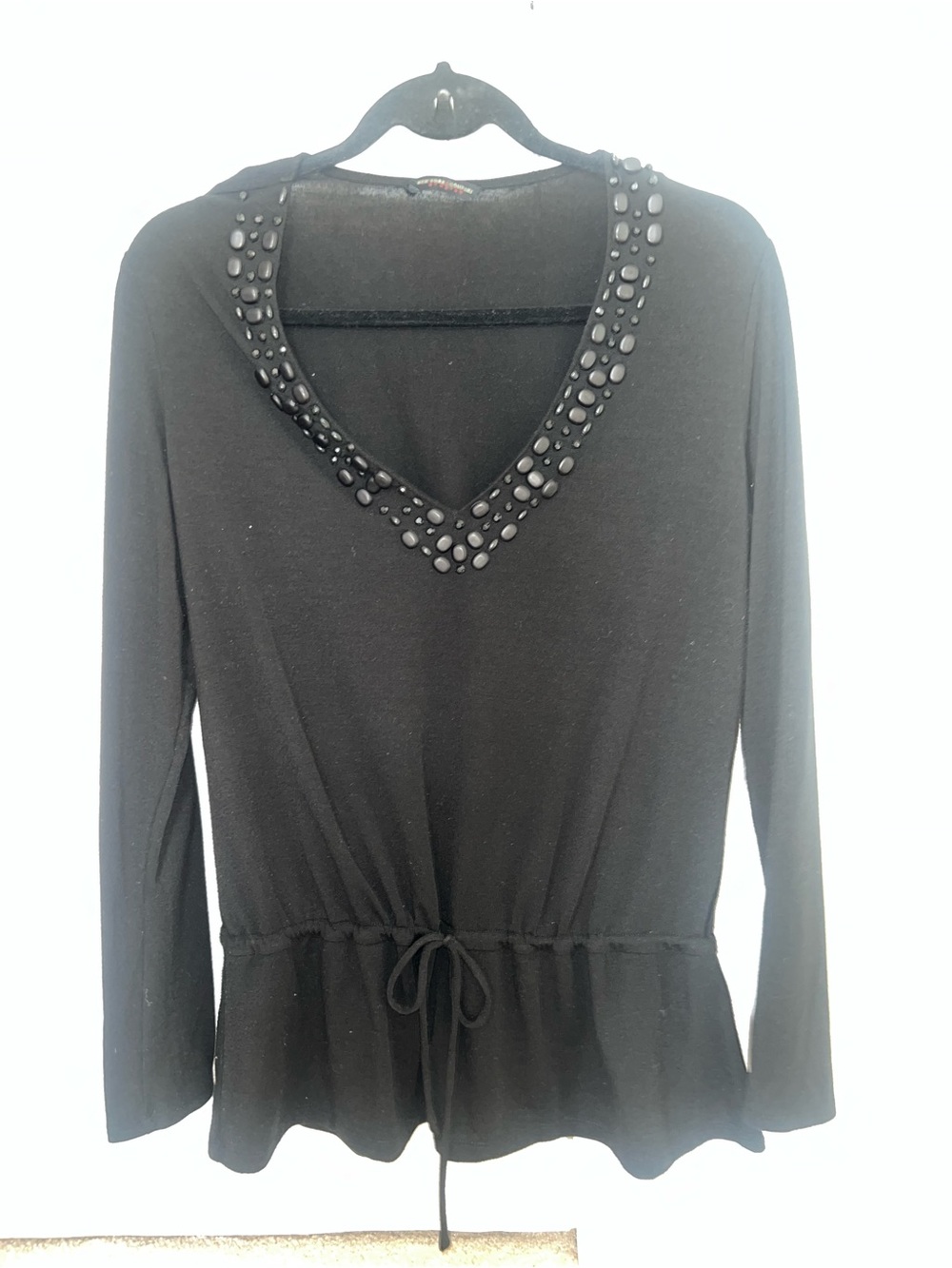 New York & Company Black Long Sleeve V-Neck Top with Beaded Trim